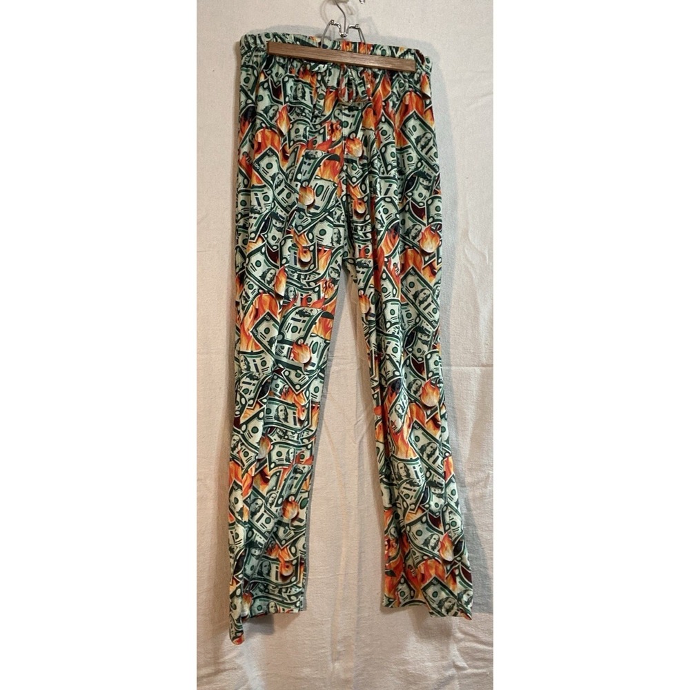 Super Retro Swag Men's Pajama Pants Size Large $100 Money Flames Fire Hot Amazin